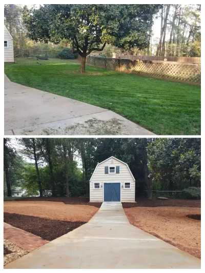 A vertical comparison shows a backyard before and after a project, featuring the installation of a new shed, concrete path, and mulched landscaping.