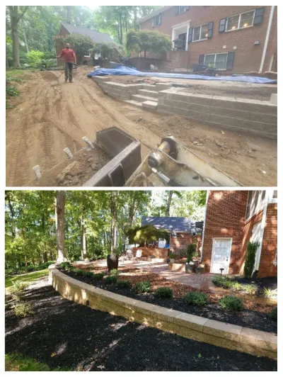 This comparison shows the dramatic transformation of a sloped backyard, moving from heavy excavation and retaining wall construction to a finished paver patio and landscaped area.
