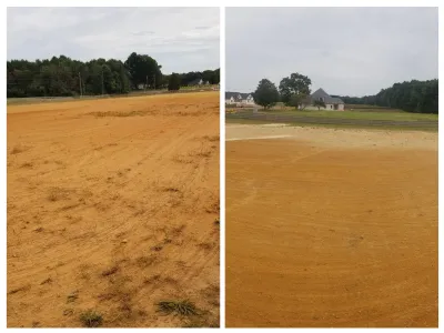 A split image shows a large expanse of reddish-brown, graded earth prepared for a field or equestrian arena, set against a backdrop of trees and residential buildings.