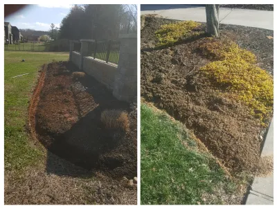 This split image documents the preparation phase of a residential landscaping project, featuring freshly tilled soil adjacent to a stone retaining wall and existing groundcover.