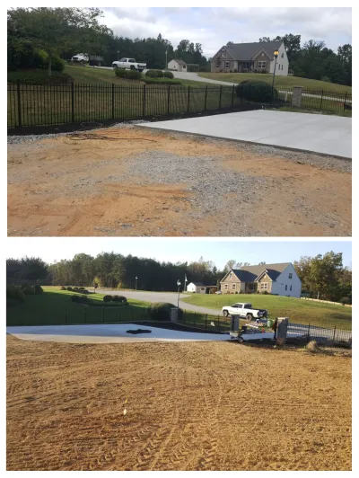 This image documents the progress of a residential property entrance, showing a newly poured concrete section adjacent to areas of disturbed earth and gravel.