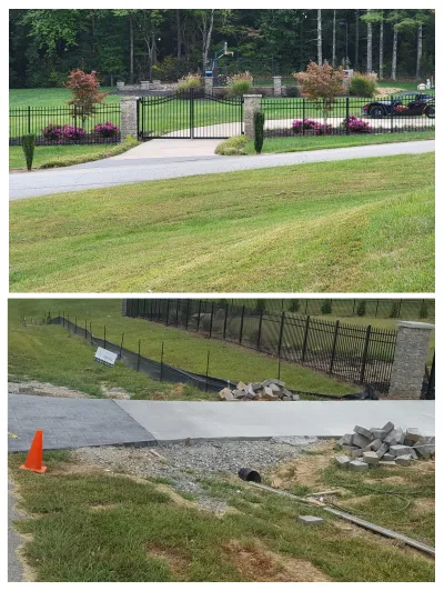A split image showing a completed residential black metal gate and stone column entrance above, contrasted with an area of ongoing driveway construction featuring pavers, concrete, and erosion control fencing below.