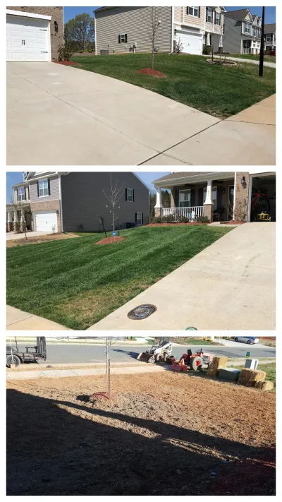 Three panels document residential front yard landscaping, showing stages from bare earth preparation with machinery to established green sod and concrete driveway installation.